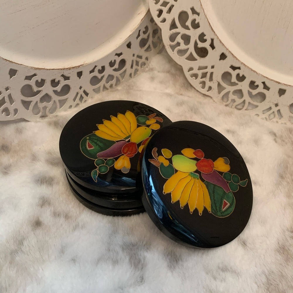 Set of 4 Coasters Black Lacquer and Gold Outlined Enameled Fruit Cloisonné Look
